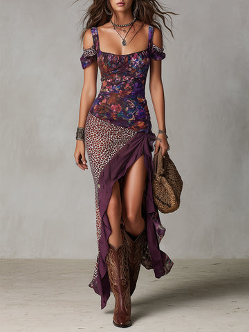 Vestido Maxi Urban Nomad com Estampa de Onça, Flor e Fenda Alta