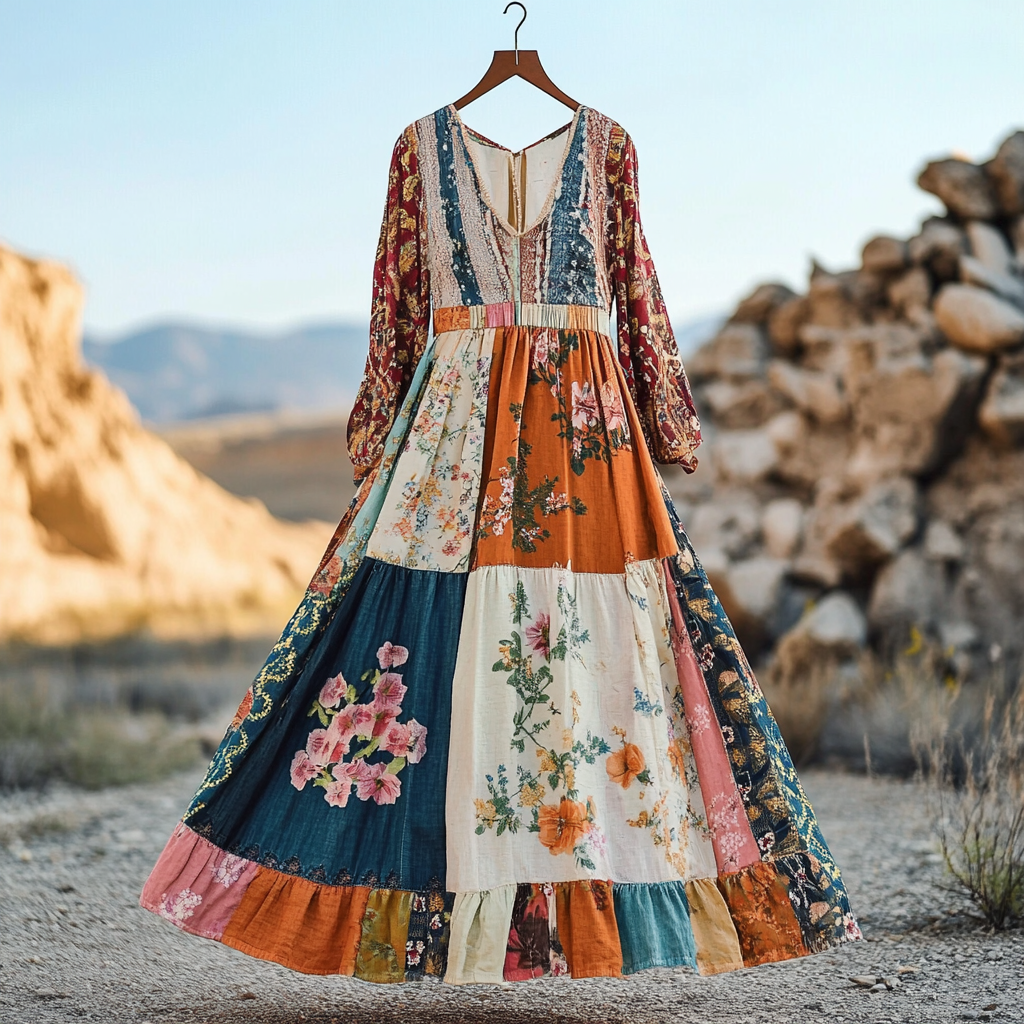 Vestido Feminino Vintage Boêmio de Algodão e Linho com Apliques Artísticos 7005