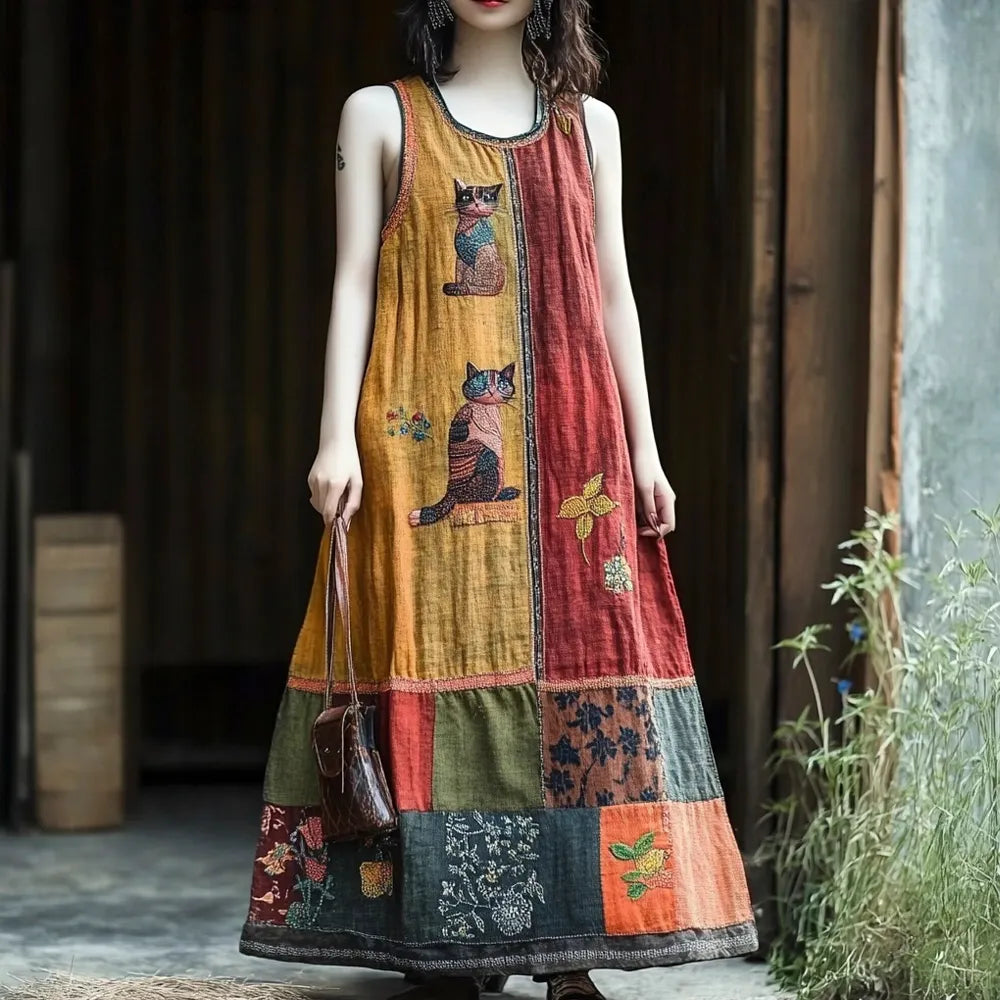 Vestido Longo de Linho com Patchwork Floral Vintage e Gatos 2c64