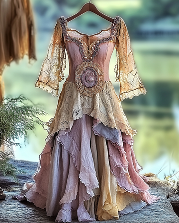 Vestido de Verão Irregular com Renda Patchwork Miçangas e Babados 3f33