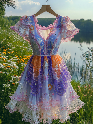Vestido de verão com babados, renda e contraste de cores 0b6e