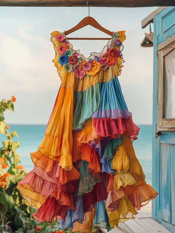 Vestido de retalhos de renda arco-íris de verão 2cc7