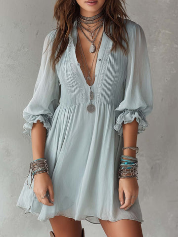 Minivestido retrô de chiffon com manga curta e babados nos punhos