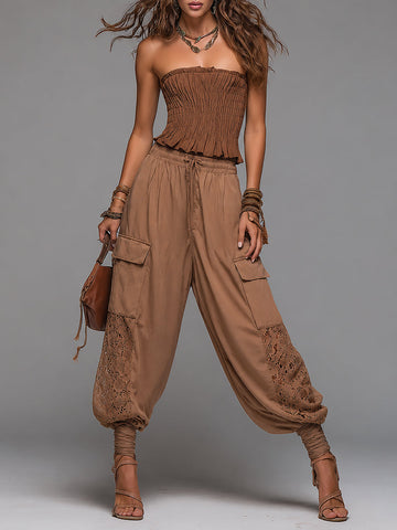 Conjunto Blusa Franzida Boho-Chic e Calça Cargo com Renda