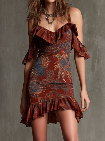 Vestido Mini Ombro a Ombro Franzido Bohemian Ember