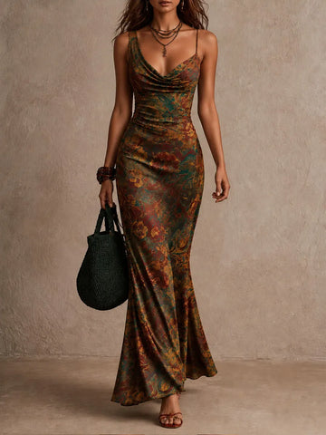Vestido longo maxi de cetim com alças, gola alta estilo cachecol e estampa floral estilo boho vintage