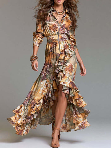 Abito lungo asimmetrico con stampa floreale boho e cerniera a volant
