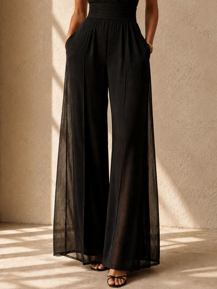 Quiet Luxury Lapel Collar Black Sleeveless Wide-Leg Jumpsuit