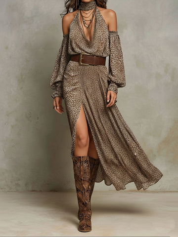 Vestido Midi Ombro a Ombro Estampa Oncinha Boho Chic