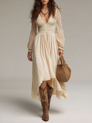 Vestido Midi Vintage Com Cintura Franzida E Barra Assimétrica