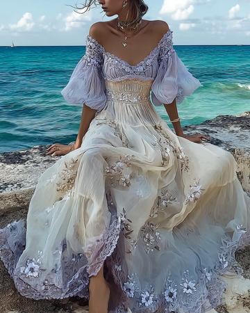 Vestido Confortável de Verão Floral Bordado com Renda Patchwork 3716
