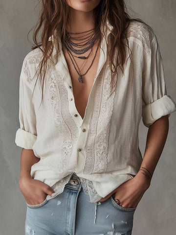 Blusa de Algodão e Linho com Renda Vintage