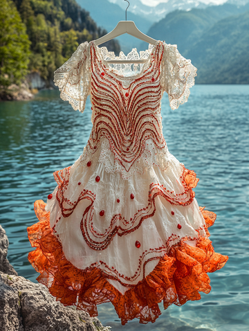 Vestido de verão com babados, renda e cor contrastante ab5d