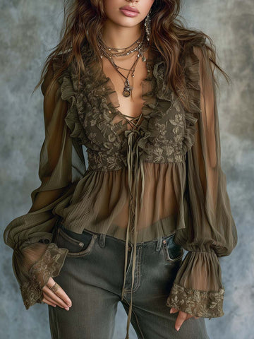 Vintage-Style Embroidered Ruffled Sheer Chiffon Blouse