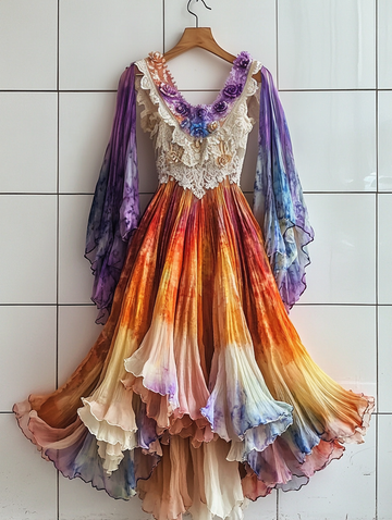 Vestido de Renda com Babados Arco-Íris para as Férias de Verão f0a8