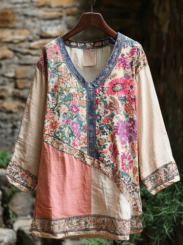 Chemise Femme Rétro Tribale Florale Coton Lin Manches Longues cdbf