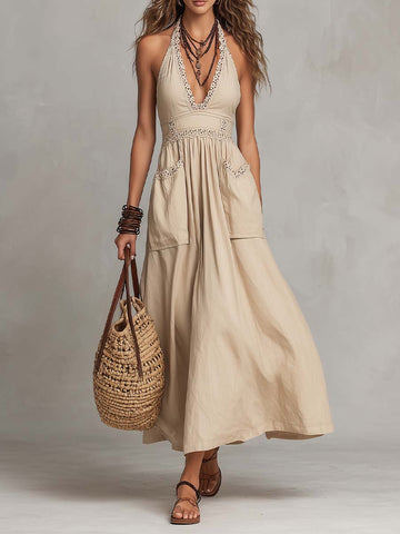 Bohemian Lace Trim Cotton Maxi Dress In Beige