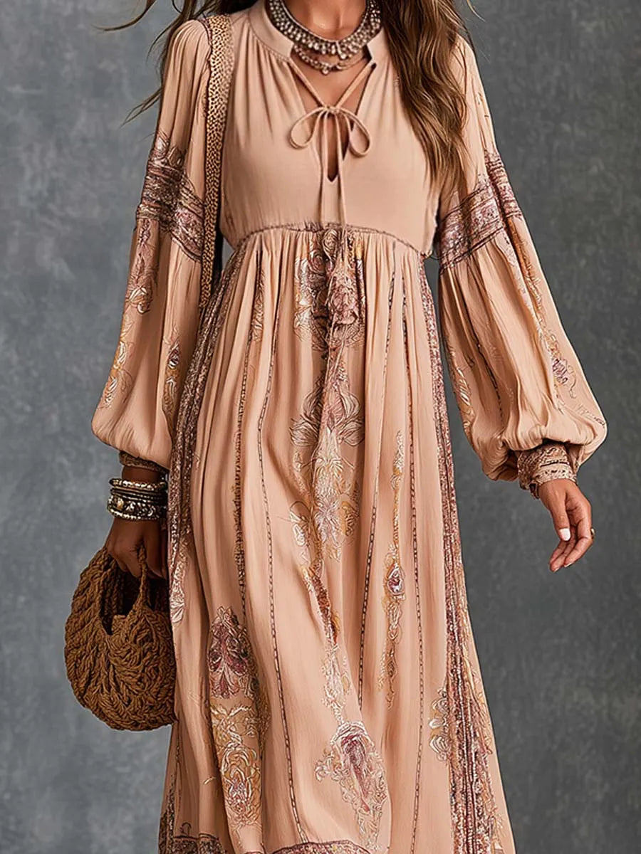 Robe midi à manches évêque, avec encolure à nouer, imprimé cachemire bohème et bordure imprimée