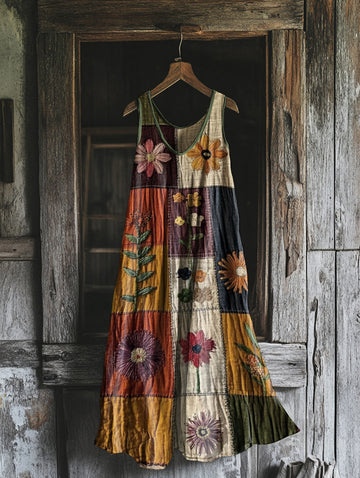 Robe d'été en coton et lin à imprimé floral vintage pour femme b1ed