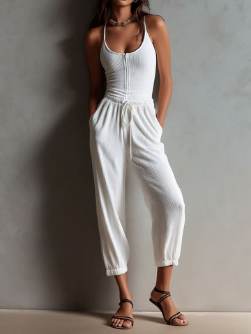 Tuta da donna casual bianca a costine con coulisse in vita stile Boho