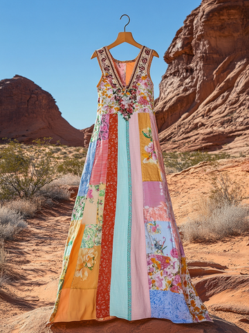 Robe Midi Vintage Femme Col V Imprimé Floral Patchwork