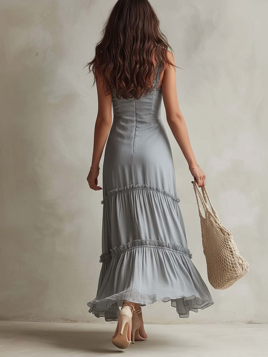 Bohemian Romantic Lace Trim Corset Chiffon Midi Dress