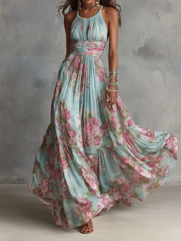 Boho Elgant Halterneck Floral Chiffon Maxi Dress