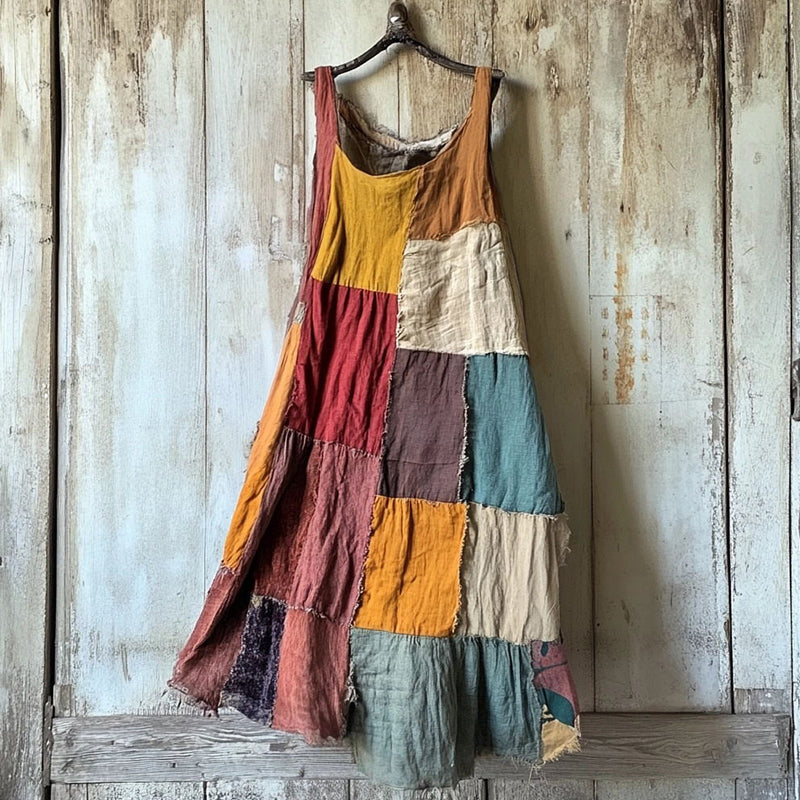 Vestido Vintage de Linho Misto com Retalhos Multicores fa4b