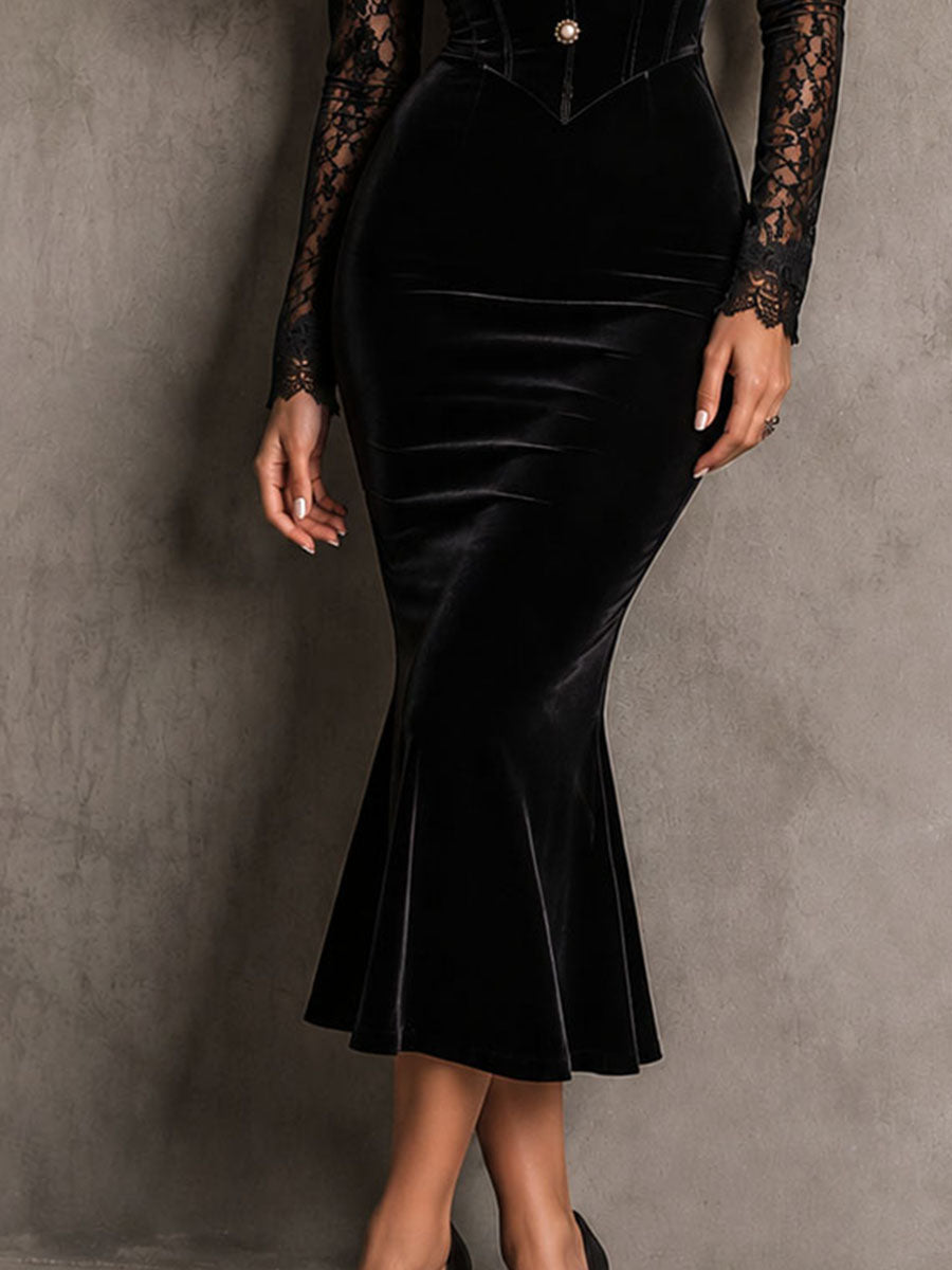 Robe midi sirène corset élégante rétro en velours noir et dentelle aux manches