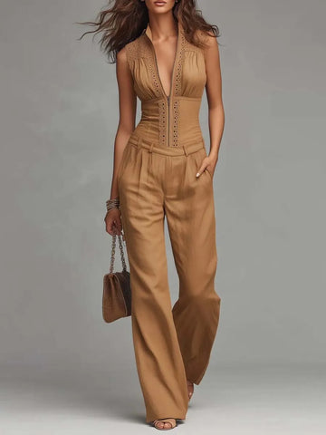 Boho Vintage Eyelet Lace Zip Front Sleeveless Wide Leg Jumpsuit