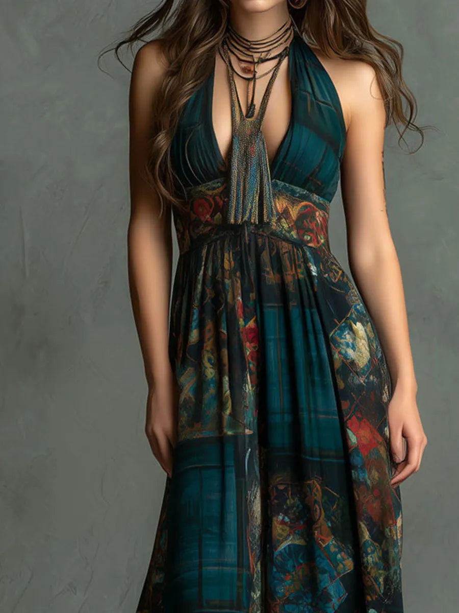 Robe longue bohème dos nu à motif patchwork rétro