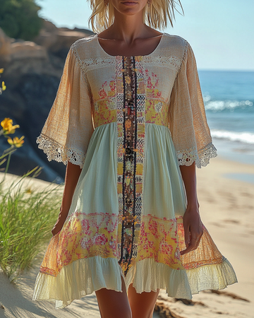 Vestido Confortável com Patchwork de Renda e Contraste Floral de Verão 6865