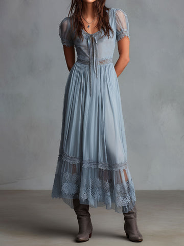 Grace Dusty Blue Lace-Trimmed Chiffon Midi Dress