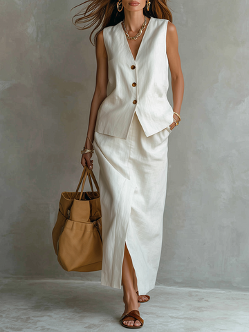 Conjunto de Saia Midi Fenda e Colete de Linho Minimalista