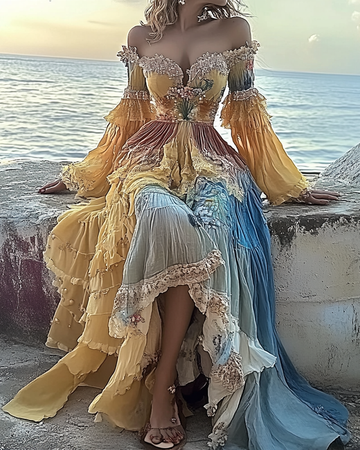 Robe volante dégradée en patchwork de dentelle brodée florale d'été 2845