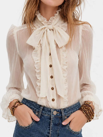 Blusa em Chiffon Transparente Franzido com Gola Alta, Laço Frontal, Manga Bufante e Punho com Babado