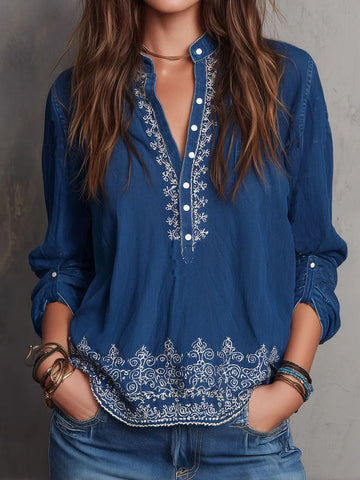 Blusa Boho Índigo com Bordado e Mangas com Abas Dobráveis
