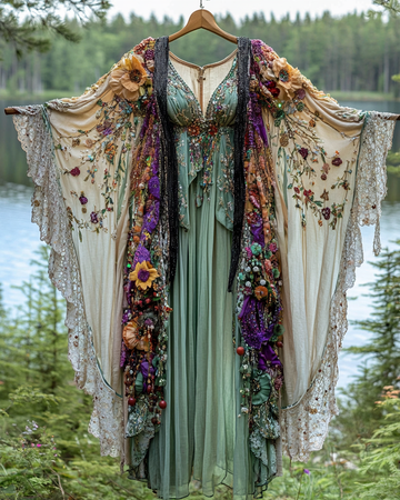 Conjunto de Quimono e Vestido de Renda com Babados e Contraste de Cores para Férias de Verão 208b