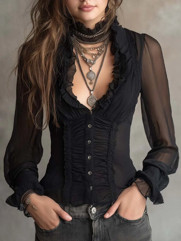 Vintage Ruffle Lace Trim Sheer Ruched Blouse