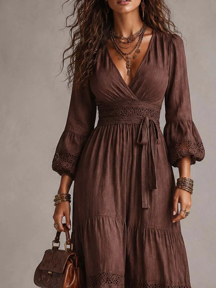 Robe mi-longue vintage en coton et lin avec dentelle et manches bouffantes