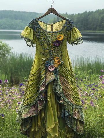 Vestido de Verão com Renda e Babados com Contraste de Cores 4e2b