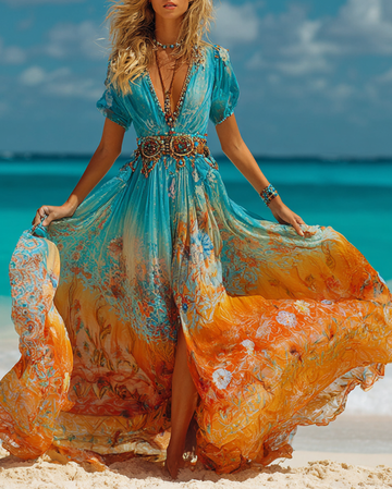 Vestido Estampado Floral Ombre de Renda Turquesa com Miçangas para Férias de Verão 2676