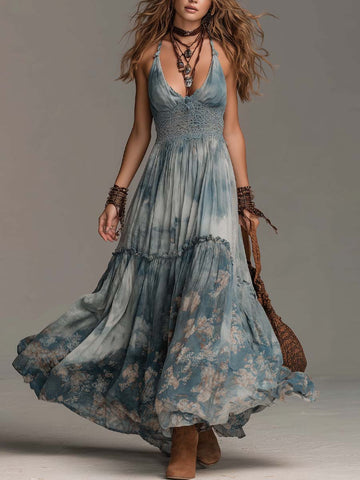 Vestido Longo Frente Única com Estampa Floral Tie-Dye Retrô