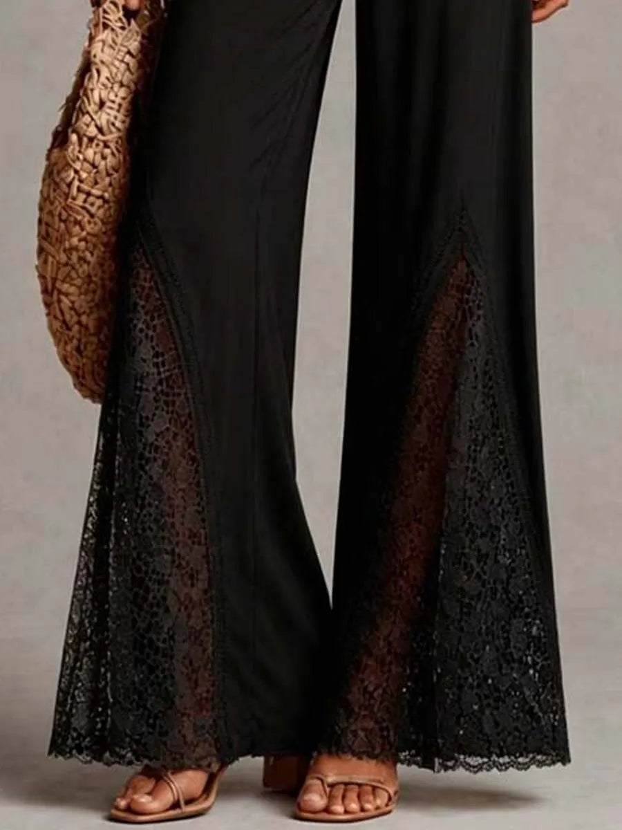 Macacão Boho Vintage de Renda de Tricô com Decote em V Profundo e Pernas Largas