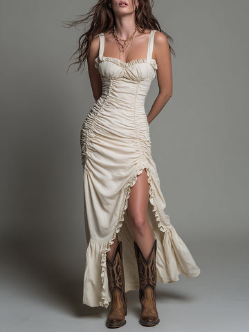 Vestido longo vintage de algodão com franzido e fenda alta