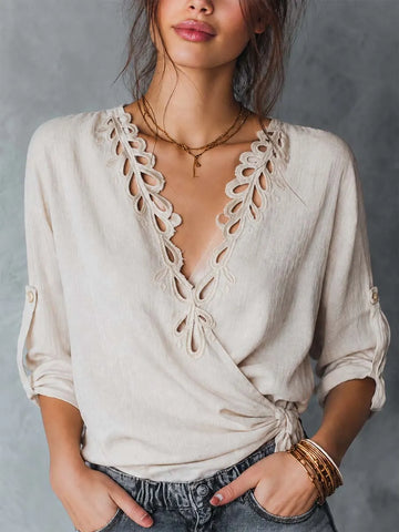 Boho Eyelet Cutout V Neck Wrap Tie Side Roll Tab Sleeve Linen Blouse