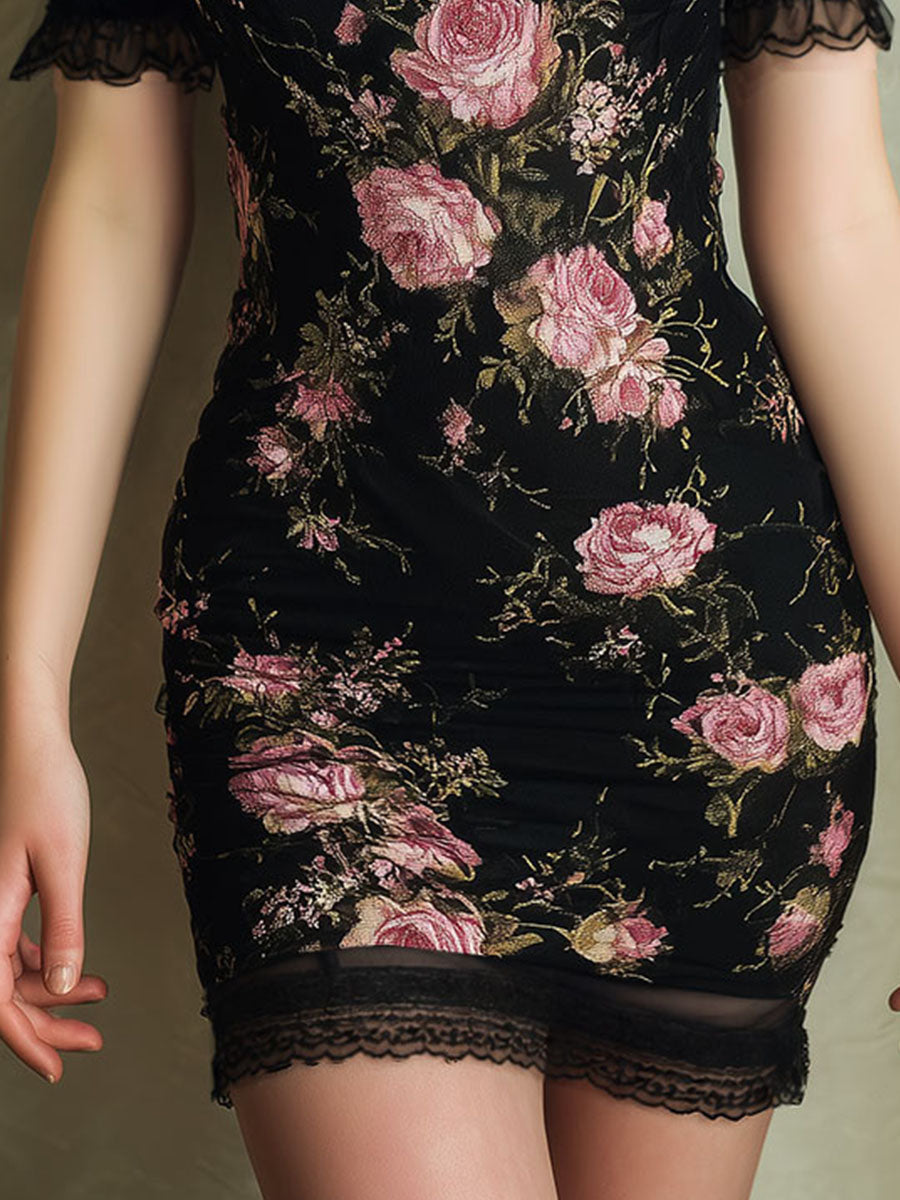 Boho Romantic Black Floral Sheer Mesh Mini Dress With Lace Trim