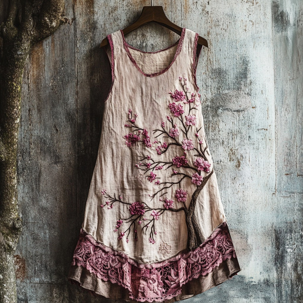 Vestido Regata Feminino de Linho com Bordado de Flor de Cerejeira 4902