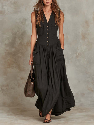 Vestido Maxi de Algodão com Bolso Retrô e Aba