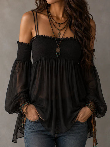 Blusa Boho Romântica Chiffon Preto Transparente com Corpo Franzido
